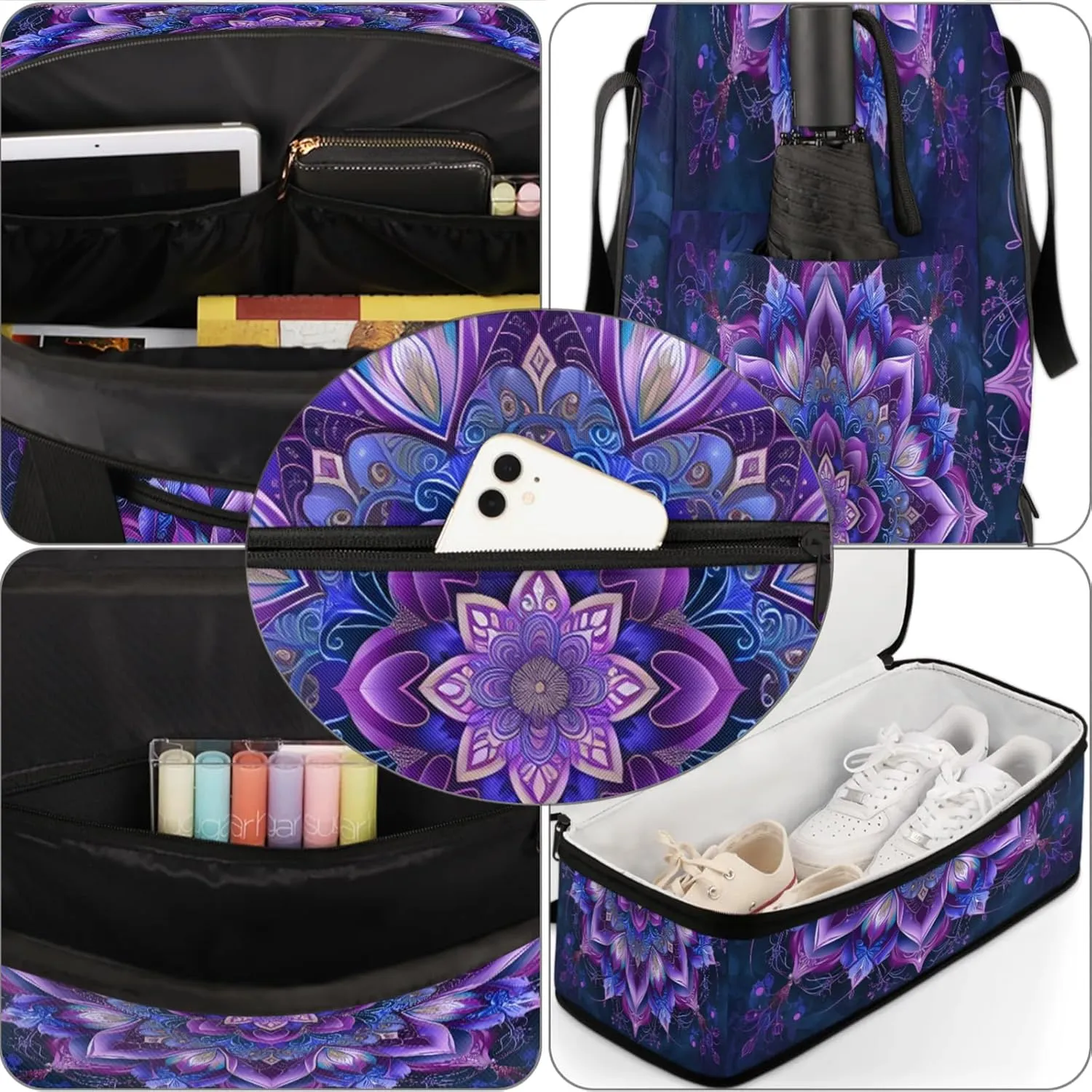 Ethnic Purple Mandala Travel Duffel Bags for Women & Men Large Sports Gym Bags Foldie Weekender Overnight Bag Carry On Tote Bag With Shoe Compartment Personal Item Luggage for Travel Sports Gym