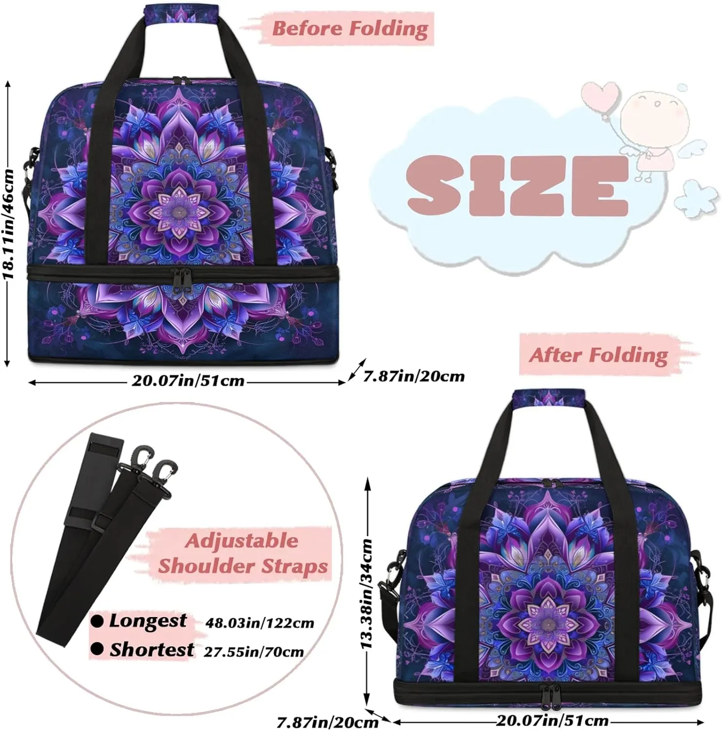 Ethnic Purple Mandala Travel Duffel Bags for Women & Men Large Sports Gym Bags Foldie Weekender Overnight Bag Carry On Tote Bag With Shoe Compartment Personal Item Luggage for Travel Sports Gym