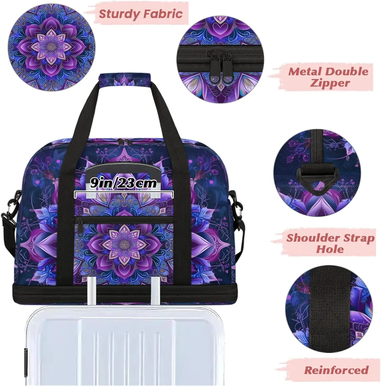 Ethnic Purple Mandala Travel Duffel Bags for Women & Men Large Sports Gym Bags Foldie Weekender Overnight Bag Carry On Tote Bag With Shoe Compartment Personal Item Luggage for Travel Sports Gym