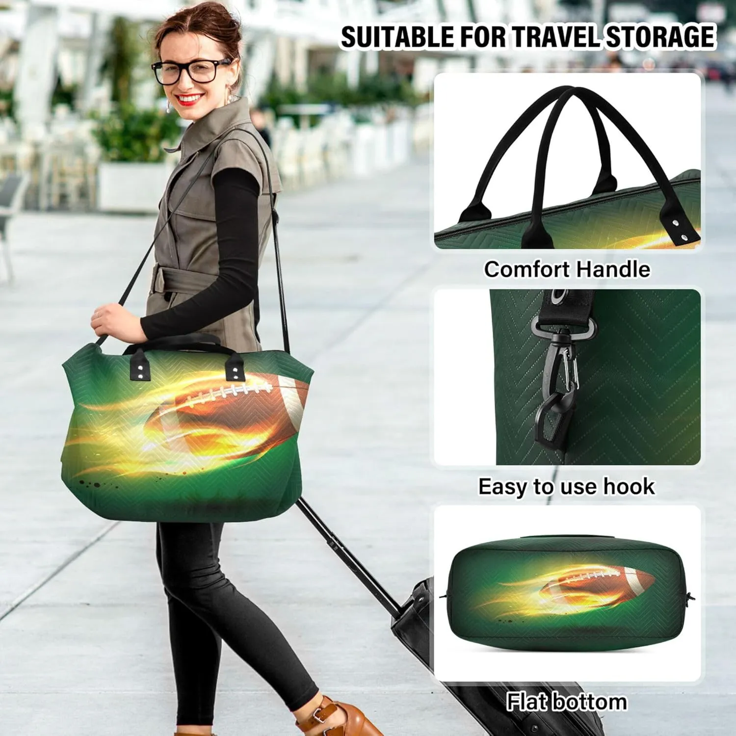 Exnundod Women Weekender Bags Old Classic Leather Rugby Ball Travel Duffel Bags Carry On Overnight Bag Fire Flame Large Hospital Tote Luggage