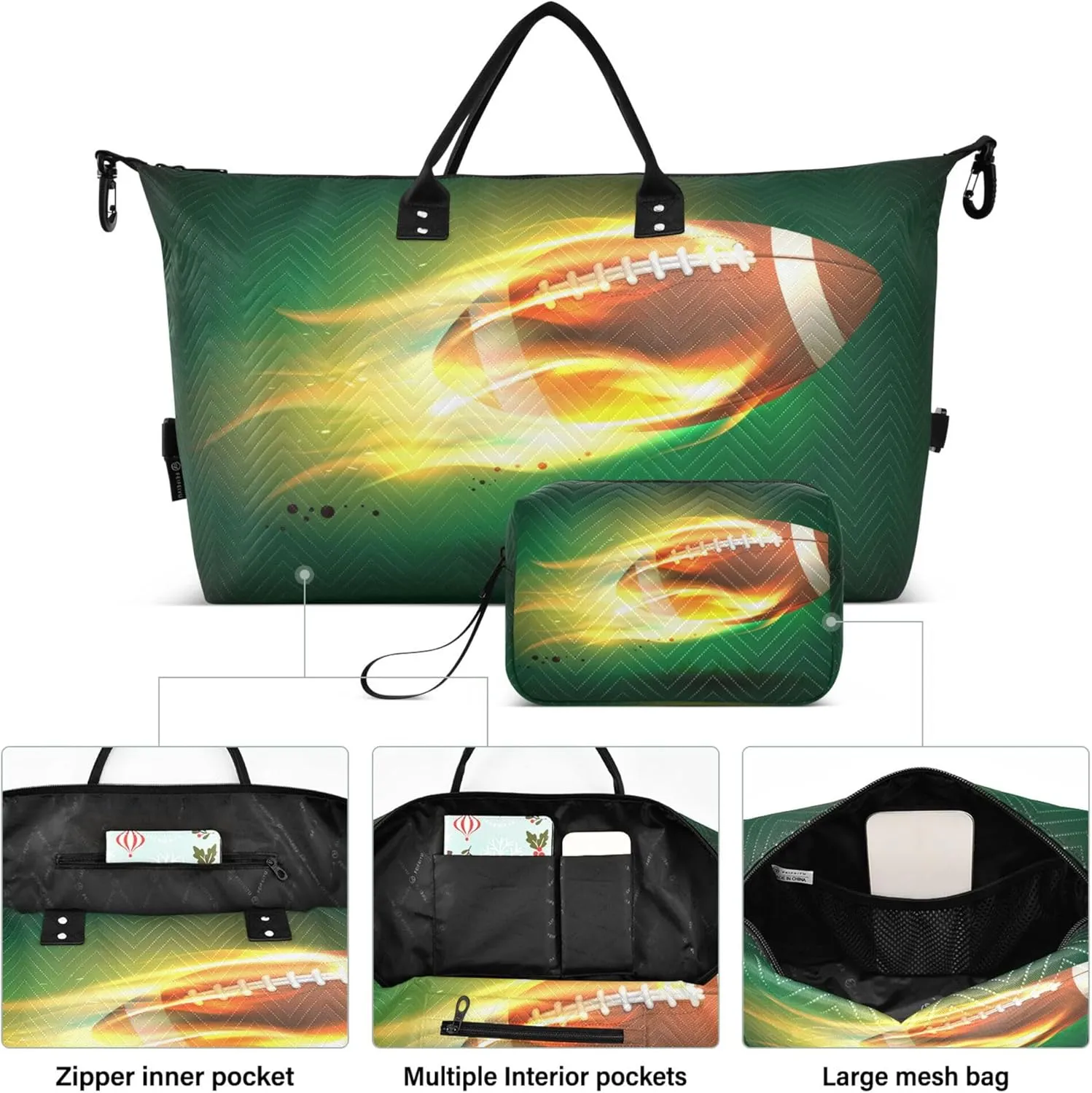 Exnundod Women Weekender Bags Old Classic Leather Rugby Ball Travel Duffel Bags Carry On Overnight Bag Fire Flame Large Hospital Tote Luggage