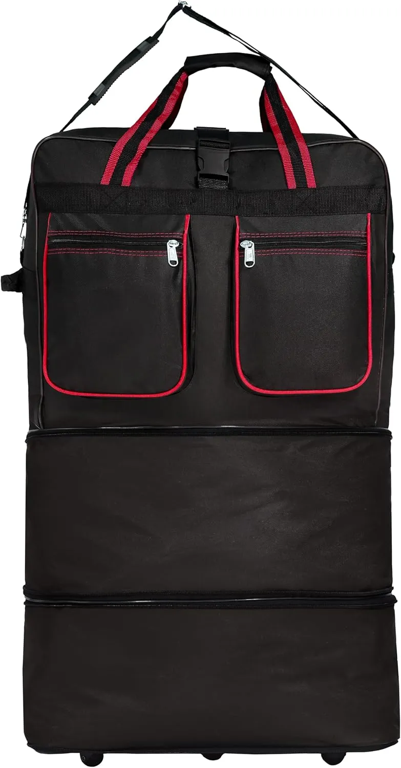 Expandable Lightweight Duffle Bag (40"") Rolling wheeled Spinner Suitcase Luggage for Travel and Storage (Red Trim), BLK1PK40