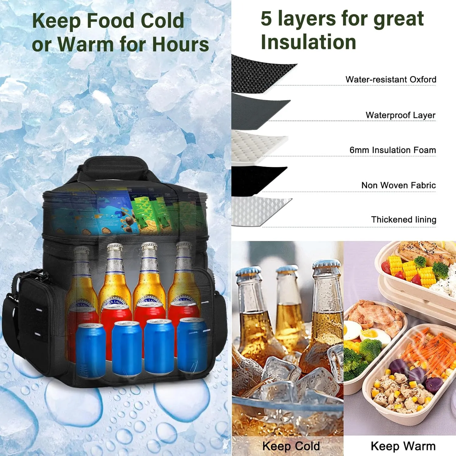 Expandable Tactical Lunch Box, Large Insulated Lunch Cooler Bag Heavy Duty Leakproof Lunch Pail for Men Adults Work Office Outdoor Picnic Trips,16L,Black