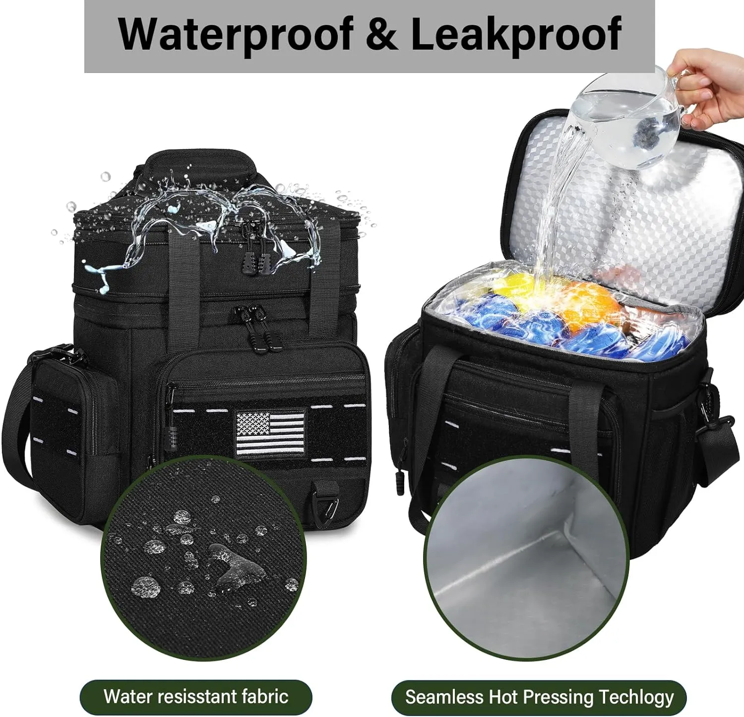 Expandable Tactical Lunch Box, Large Insulated Lunch Cooler Bag Heavy Duty Leakproof Lunch Pail for Men Adults Work Office Outdoor Picnic Trips,16L,Black
