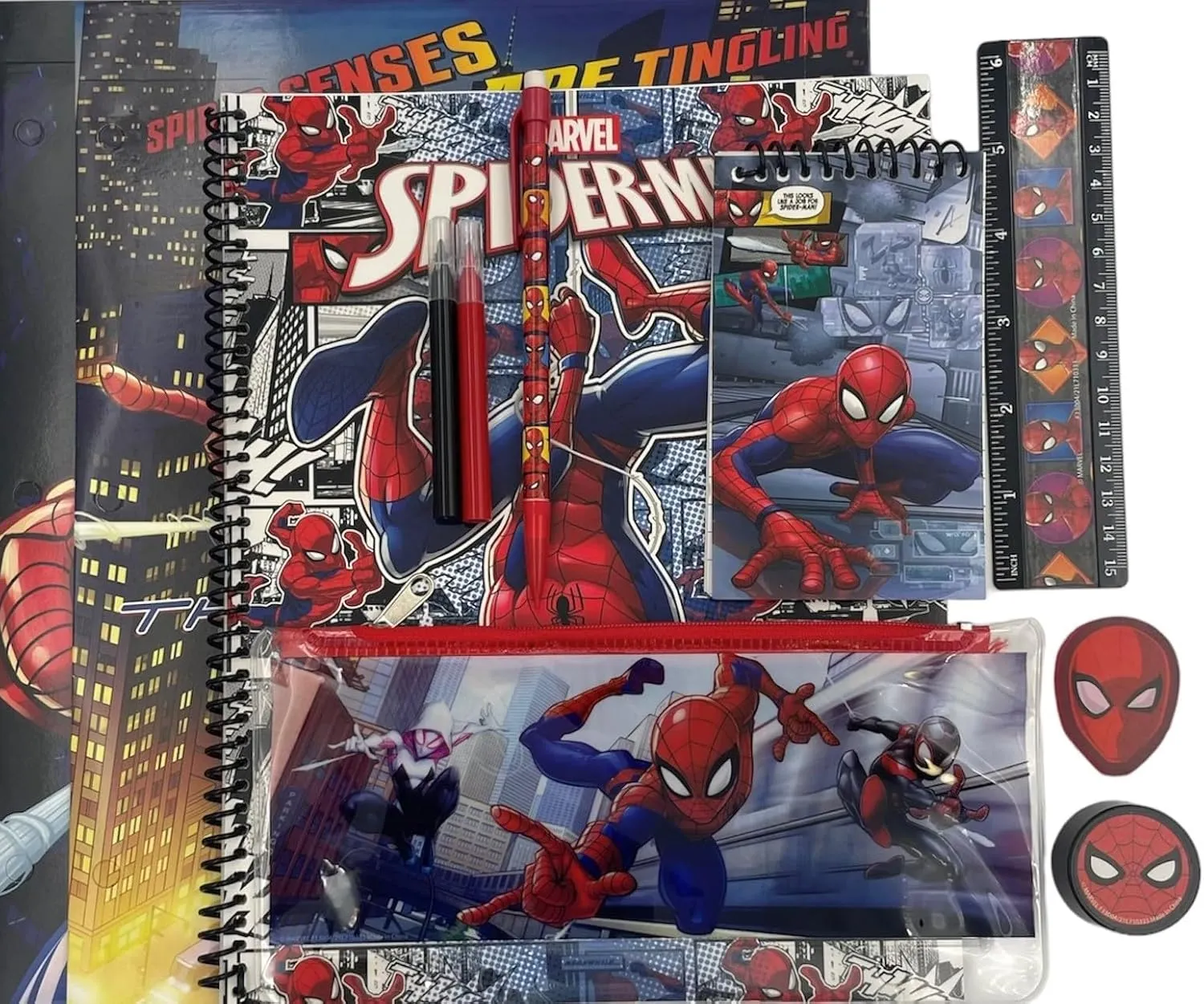 Fast Forward Kid's Licensed 16" Backpack with Lunch Box Set - 13 Piece Bundle with Variety School Supplies Including Pencil Case, Notebook, Folders and More (Spider-Man Black)