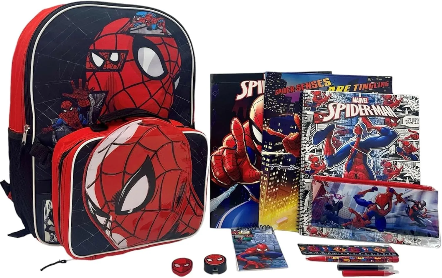 Fast Forward Kid's Licensed 16" Backpack with Lunch Box Set - 13 Piece Bundle with Variety School Supplies Including Pencil Case, Notebook, Folders and More (Spider-Man Black)
