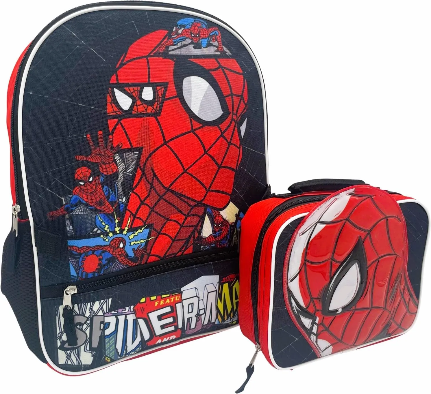 Fast Forward Kid's Licensed 16" Backpack with Lunch Box Set - 13 Piece Bundle with Variety School Supplies Including Pencil Case, Notebook, Folders and More (Spider-Man Black)