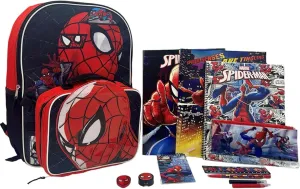 Fast Forward Kid's Licensed 16" Backpack with Lunch Box Set - 13 Piece Bundle with Variety School Supplies Including Pencil Case, Notebook, Folders and More (Spider-Man Black)