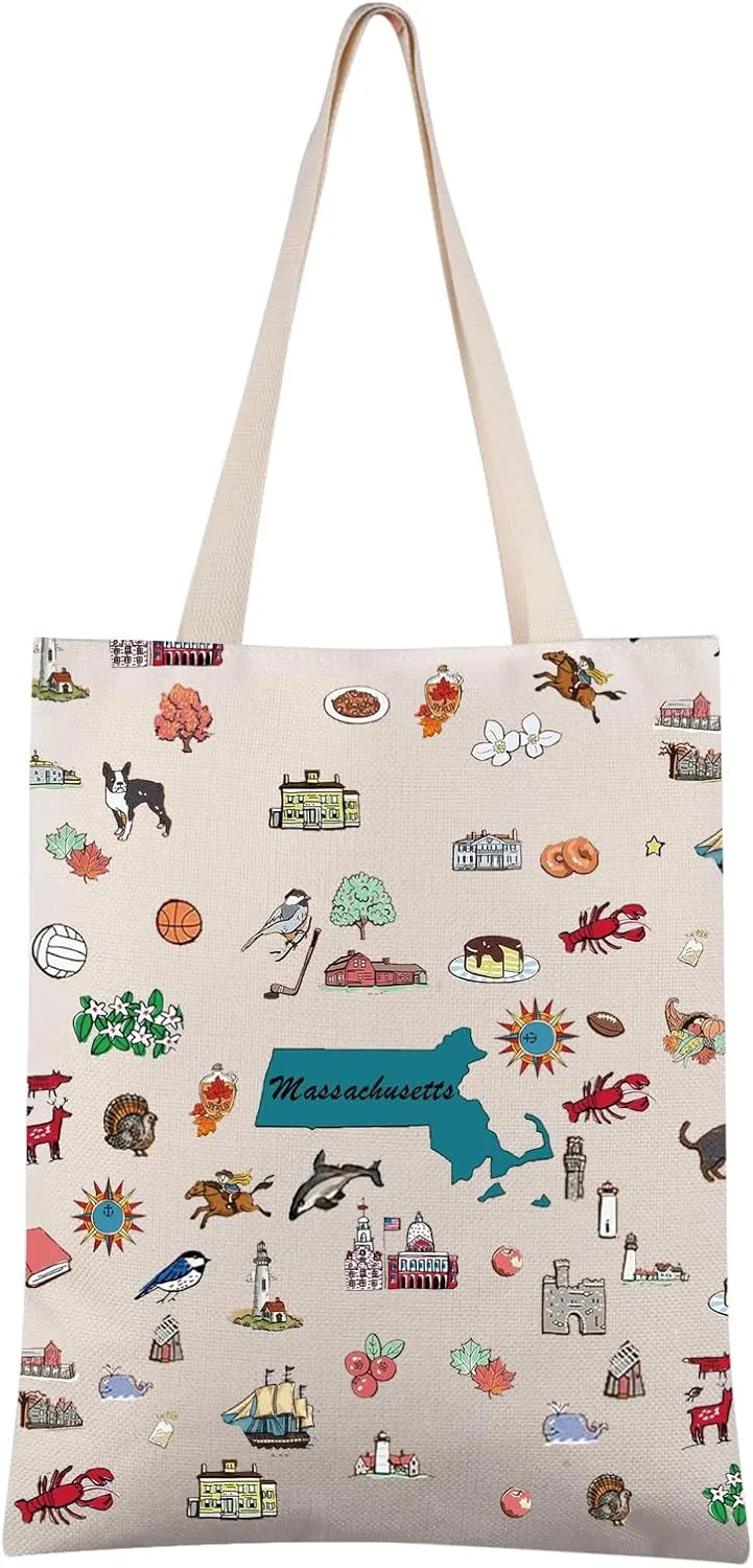 FEELMEM Massachusetts Travel Gift Massachusetts State Canvas Tote Bag Massachusetts Trip Shoulder Bag Travel Souvenir