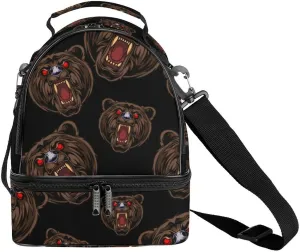 Fiercely Bear Head Insulated Lunch Bag Double Decker Lunch Box Cooler Reusable Bento Box Tote