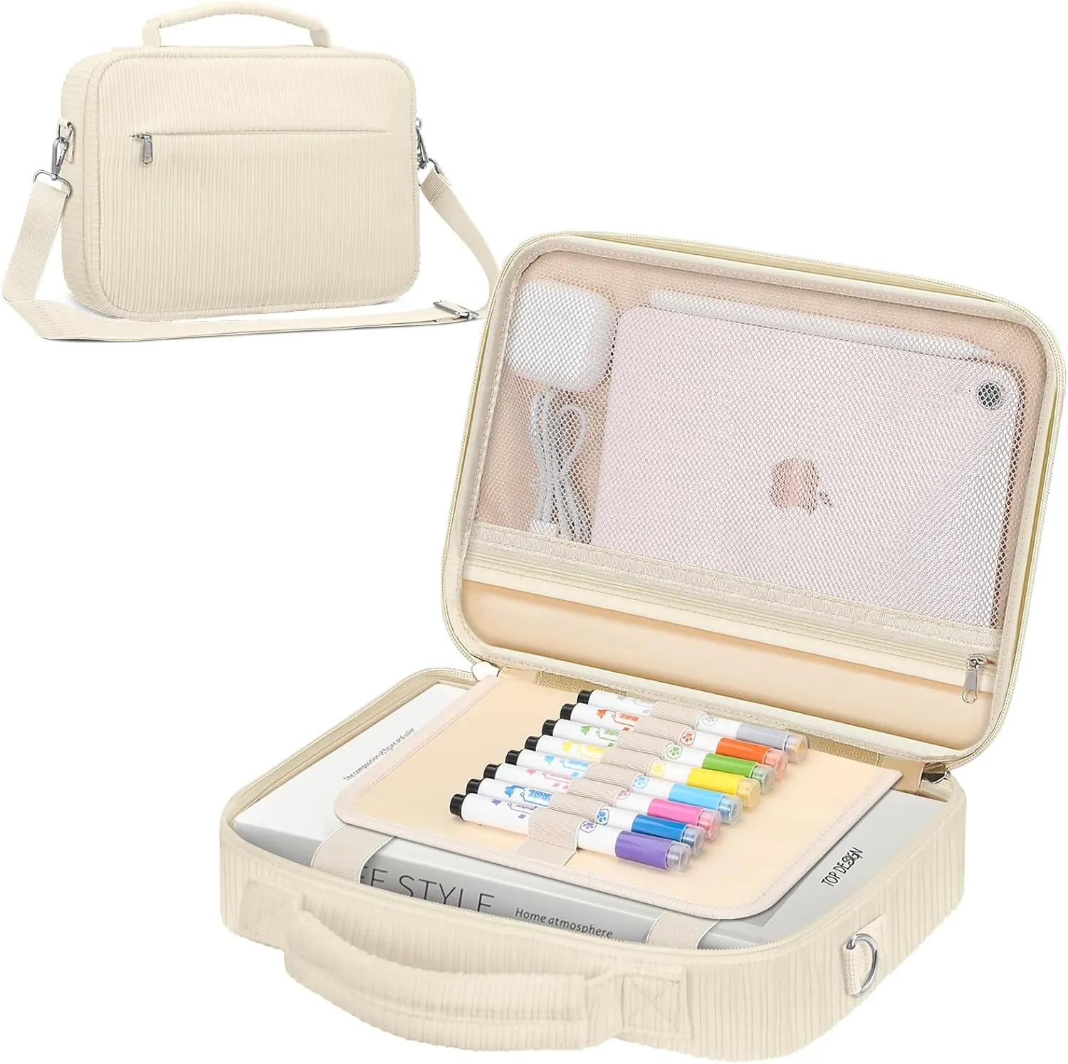 FINPAC Large Bible Cover w/Shoulder Strap, Carrying Book Case Church Bag Bible Protective w/Pen Slots and Zippered Pocket, Gift for Women Lady, Corduroy Beige