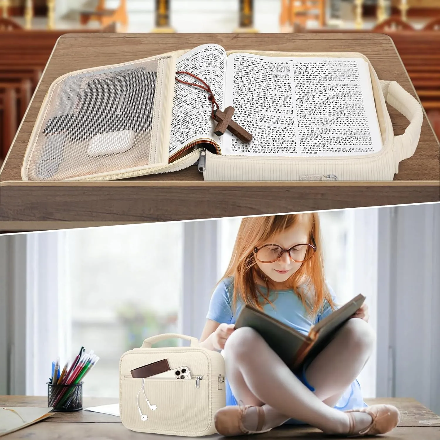 FINPAC Large Bible Cover w/Shoulder Strap, Carrying Book Case Church Bag Bible Protective w/Pen Slots and Zippered Pocket, Gift for Women Lady, Corduroy Beige