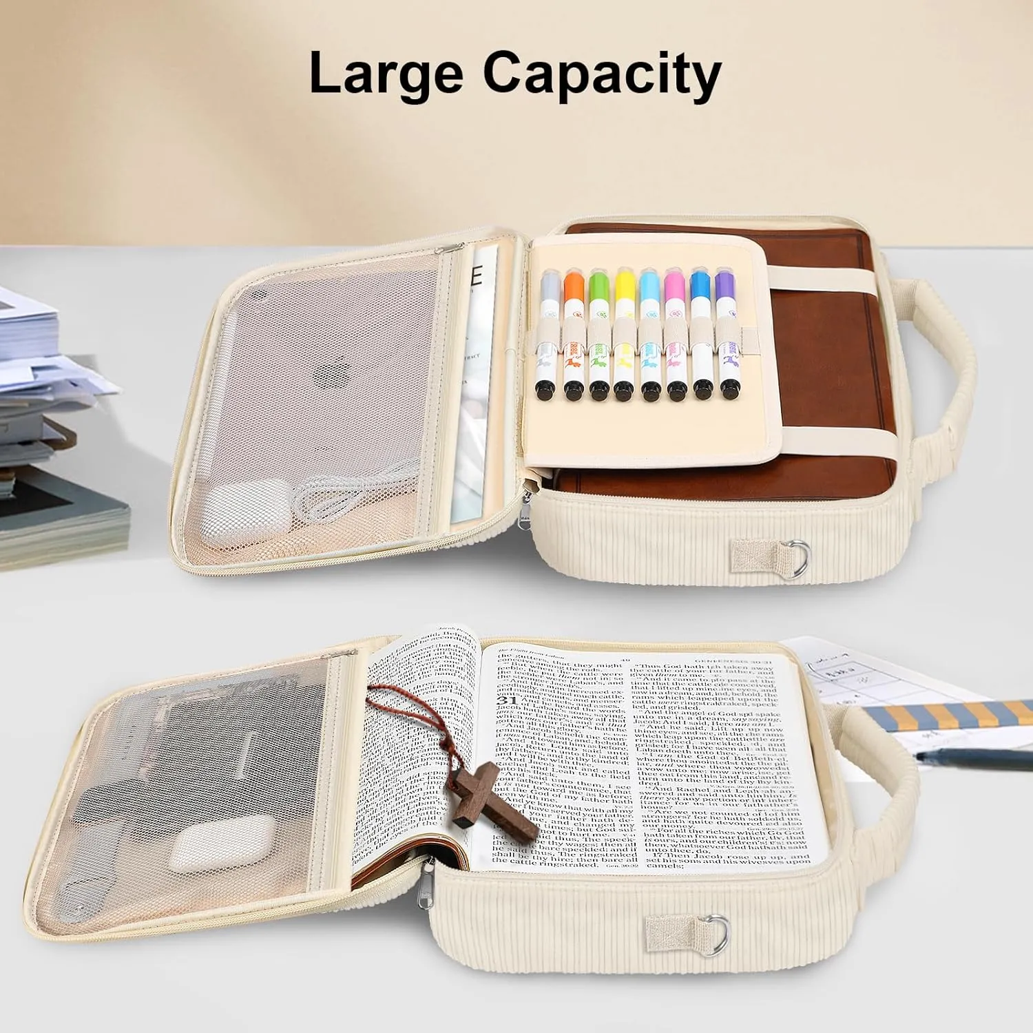 FINPAC Large Bible Cover w/Shoulder Strap, Carrying Book Case Church Bag Bible Protective w/Pen Slots and Zippered Pocket, Gift for Women Lady, Corduroy Beige