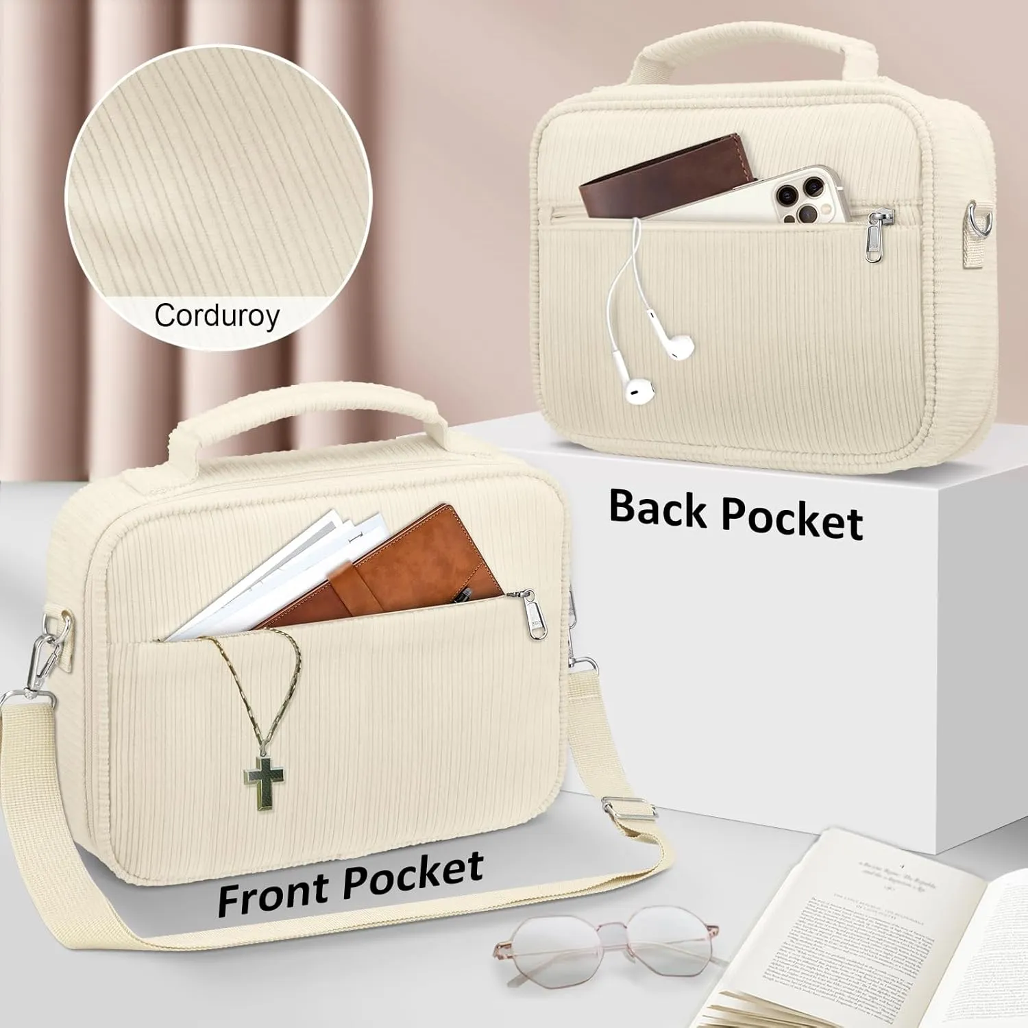 FINPAC Large Bible Cover w/Shoulder Strap, Carrying Book Case Church Bag Bible Protective w/Pen Slots and Zippered Pocket, Gift for Women Lady, Corduroy Beige