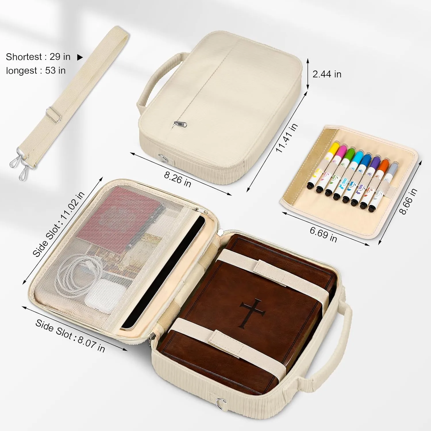 FINPAC Large Bible Cover w/Shoulder Strap, Carrying Book Case Church Bag Bible Protective w/Pen Slots and Zippered Pocket, Gift for Women Lady, Corduroy Beige