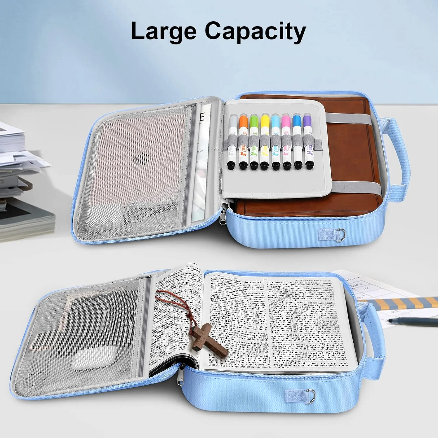 FINPAC Large Bible Cover w/Shoulder Strap, Carrying Book Case Church Bag Bible Protective w/Pen Slots and Zippered Pocket, Gift for Women Lady, Pastel Blue