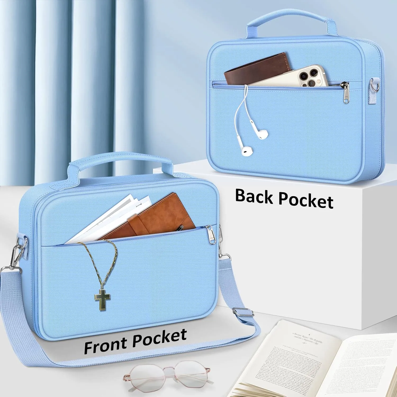 FINPAC Large Bible Cover w/Shoulder Strap, Carrying Book Case Church Bag Bible Protective w/Pen Slots and Zippered Pocket, Gift for Women Lady, Pastel Blue