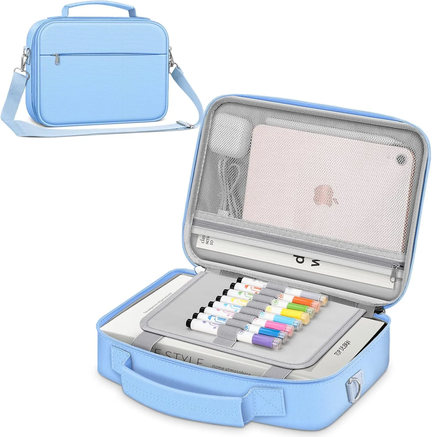 FINPAC Large Bible Cover w/Shoulder Strap, Carrying Book Case Church Bag Bible Protective w/Pen Slots and Zippered Pocket, Gift for Women Lady, Pastel Blue