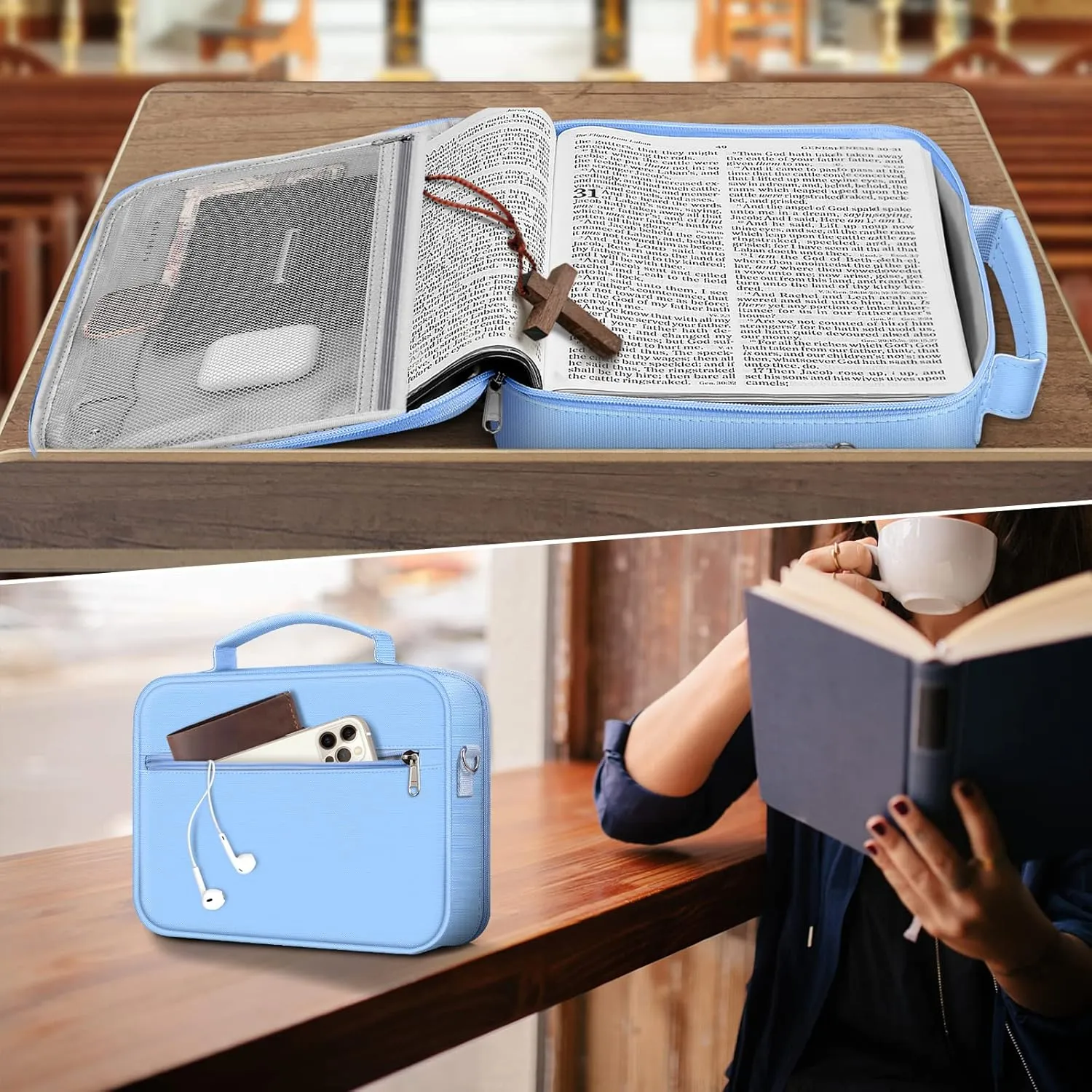 FINPAC Large Bible Cover w/Shoulder Strap, Carrying Book Case Church Bag Bible Protective w/Pen Slots and Zippered Pocket, Gift for Women Lady, Pastel Blue