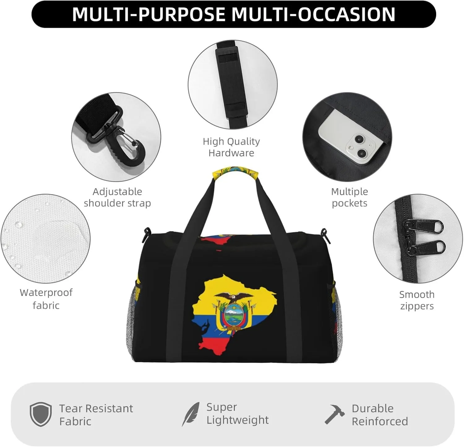 Flag Map Of Ecuador Travel Duffel Bag Large Foldable Waterproof Overnight Bag For Beach Swim Bags Pool Sports Gym