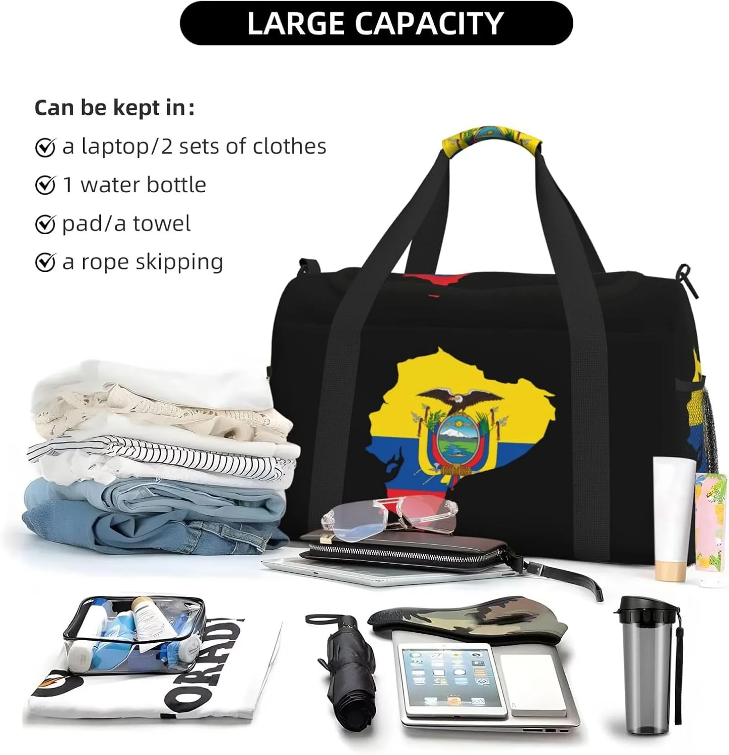 Flag Map Of Ecuador Travel Duffel Bag Large Foldable Waterproof Overnight Bag For Beach Swim Bags Pool Sports Gym