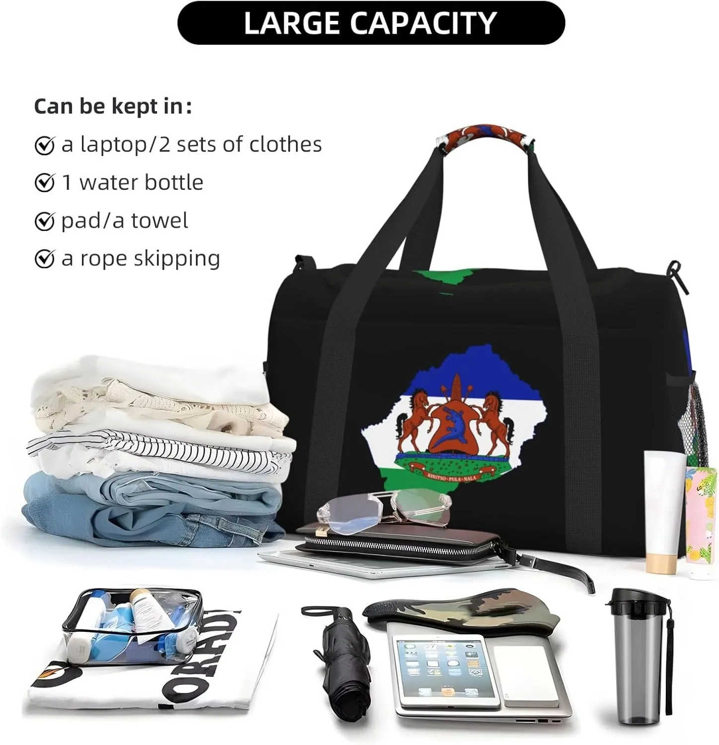 Flag Map Of Lesotho Travel Duffel Bag Large Foldable Waterproof Overnight Bag For Beach Swim Bags Pool Sports Gym