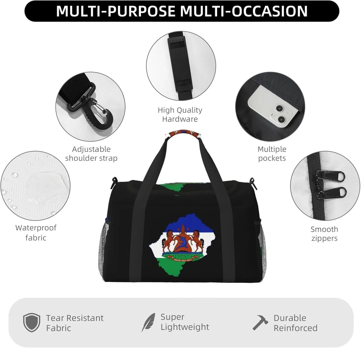 Flag Map Of Lesotho Travel Duffel Bag Large Foldable Waterproof Overnight Bag For Beach Swim Bags Pool Sports Gym