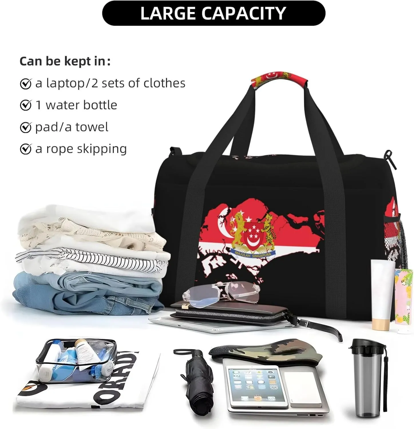 Flag Map Of Singapore Travel Duffel Bag Large Foldable Waterproof Overnight Bag For Beach Swim Bags Pool Sports Gym