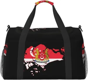 Flag Map Of Singapore Travel Duffel Bag Large Foldable Waterproof Overnight Bag For Beach Swim Bags Pool Sports Gym