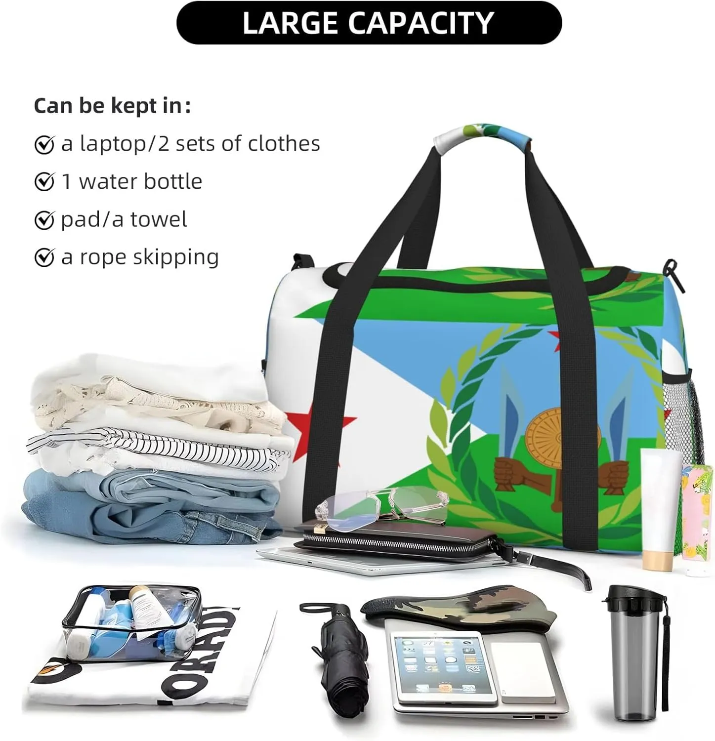 Flag Of Djibouti Travel Duffel Bag Large Foldable Waterproof Overnight Bag For Beach Swim Bags Pool Sports Gym