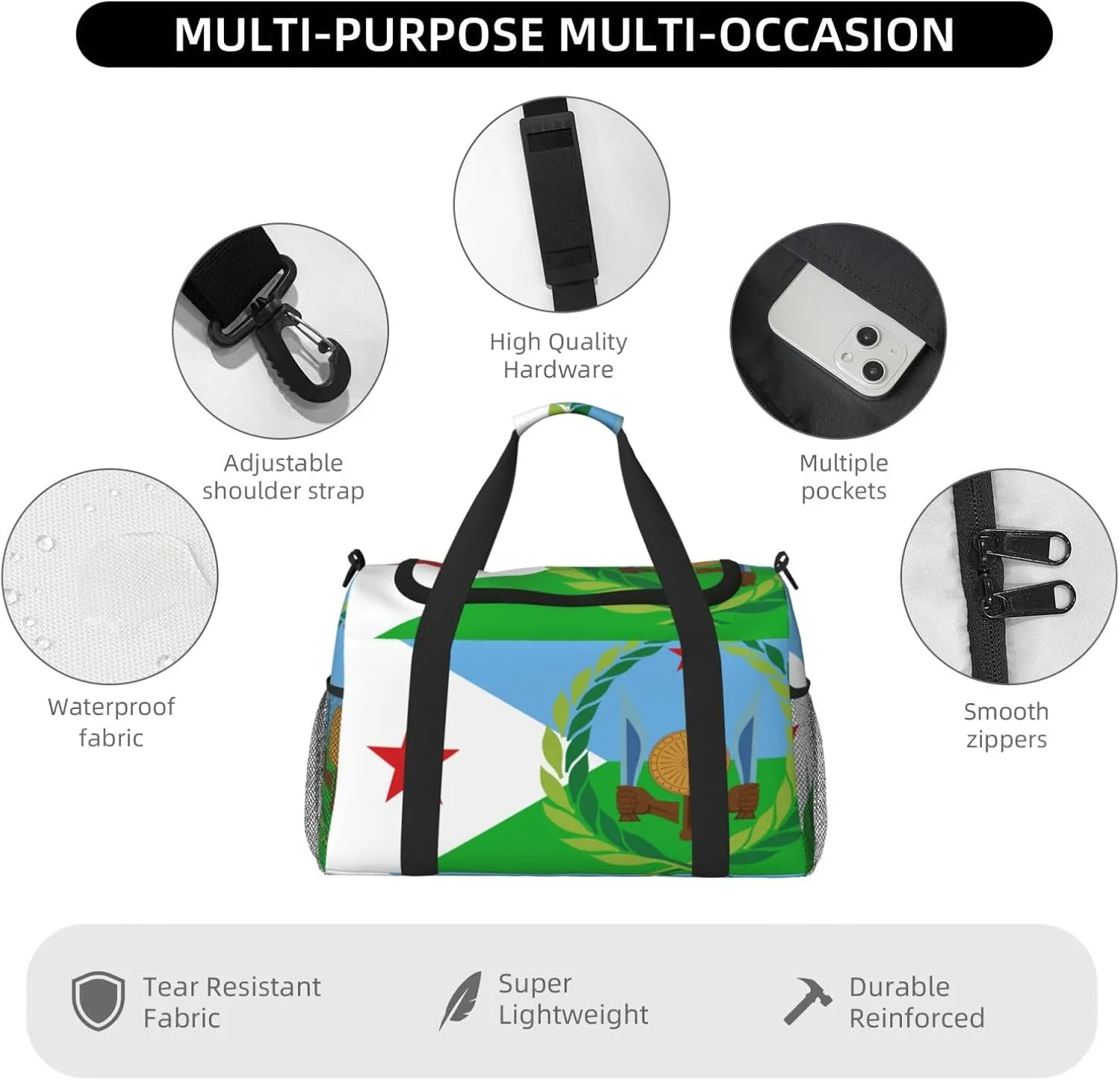 Flag Of Djibouti Travel Duffel Bag Large Foldable Waterproof Overnight Bag For Beach Swim Bags Pool Sports Gym