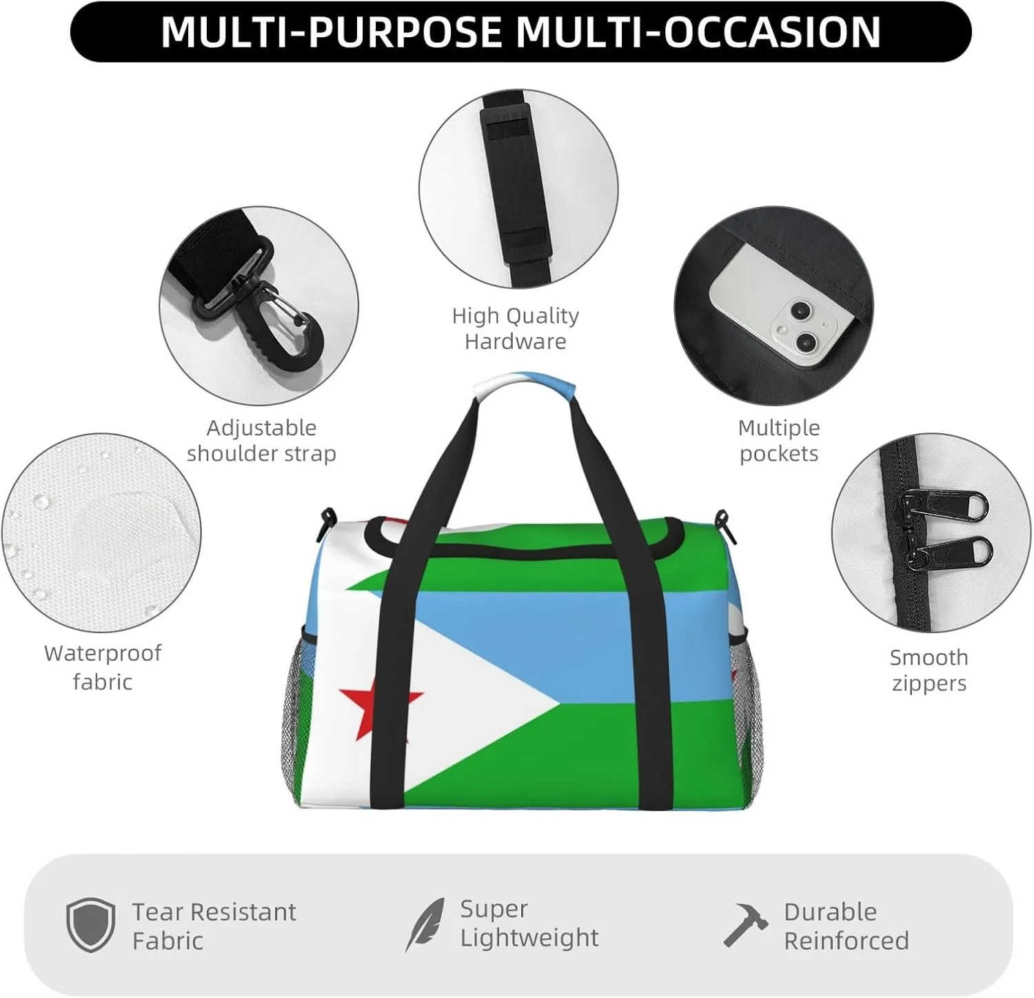 Flag Of Djibouti Travel Duffel Bag Large Foldable Waterproof Overnight Bag For Beach Swim Bags Pool Sports Gym