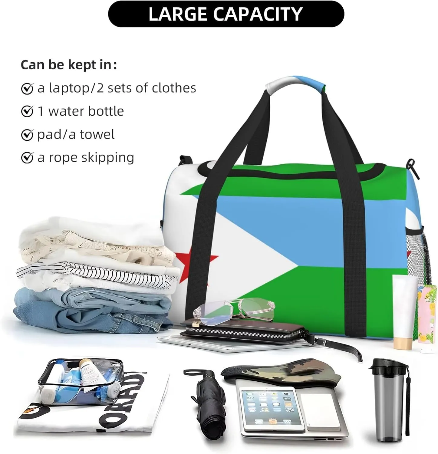 Flag Of Djibouti Travel Duffel Bag Large Foldable Waterproof Overnight Bag For Beach Swim Bags Pool Sports Gym
