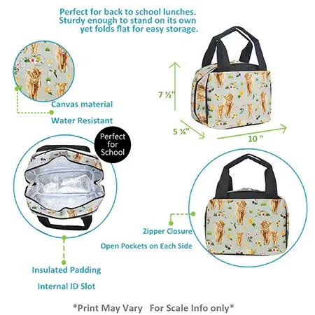 Floral Cow/Highlander Print Insulated Lunch Bag - Personalized/Monogrammed