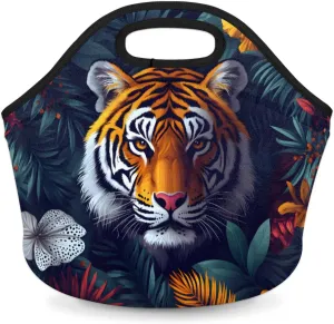 Flower Bushes and Tiger Neoprene Lunch Bag Insulated Cooler Tote Bag Reusable Lunch Box Thermal Food Container Soft Handbag for Women Work Picnic