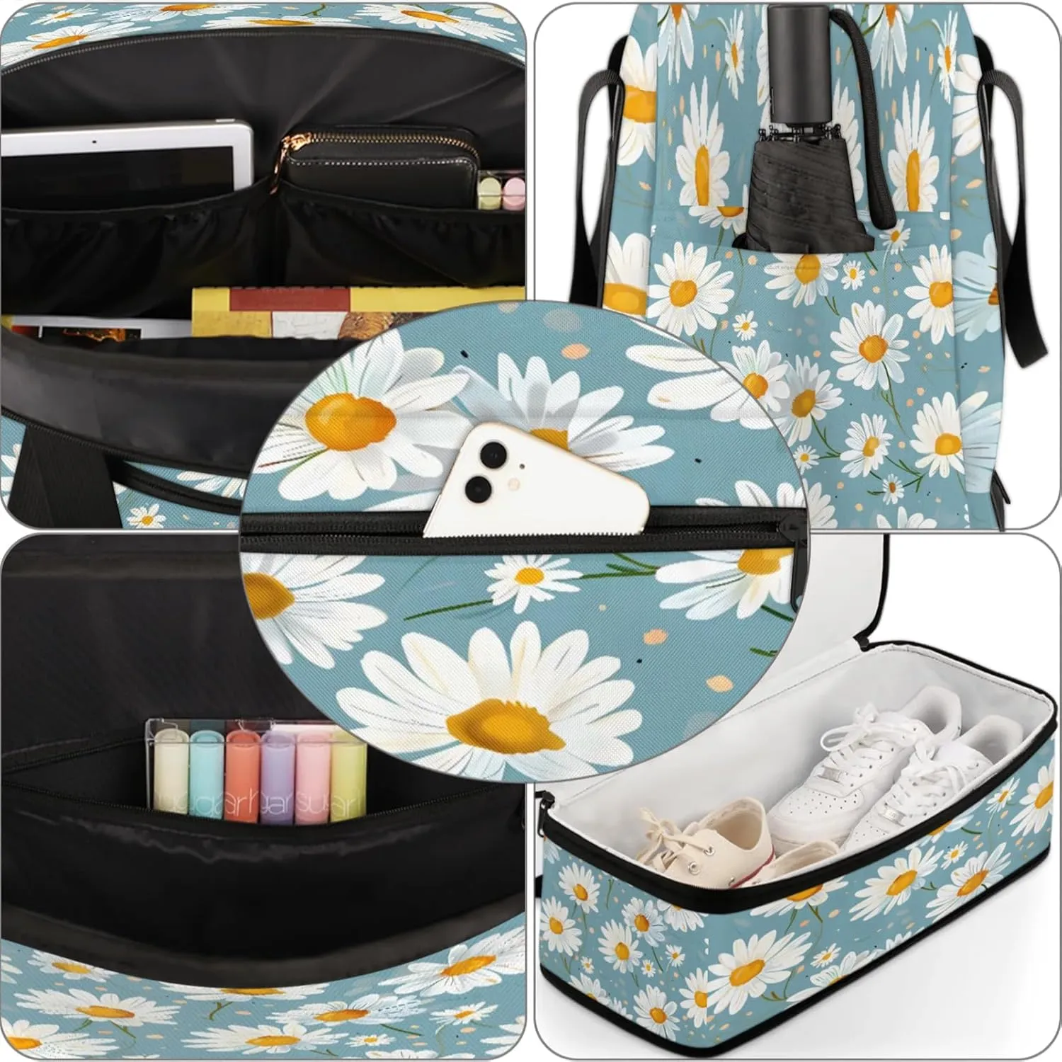 Flower Daisy Pretty Travel Duffel Bags for Women & Men Large Sports Gym Bags Foldie Weekender Overnight Bag Carry On Tote Bag With Shoe Compartment Personal Item Luggage for Travel Sports Gym