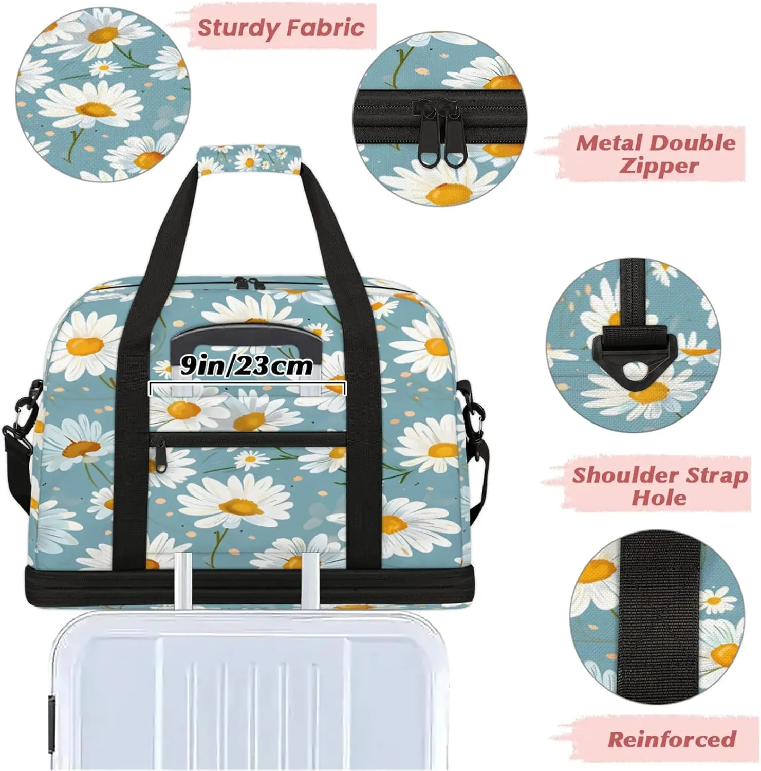 Flower Daisy Pretty Travel Duffel Bags for Women & Men Large Sports Gym Bags Foldie Weekender Overnight Bag Carry On Tote Bag With Shoe Compartment Personal Item Luggage for Travel Sports Gym