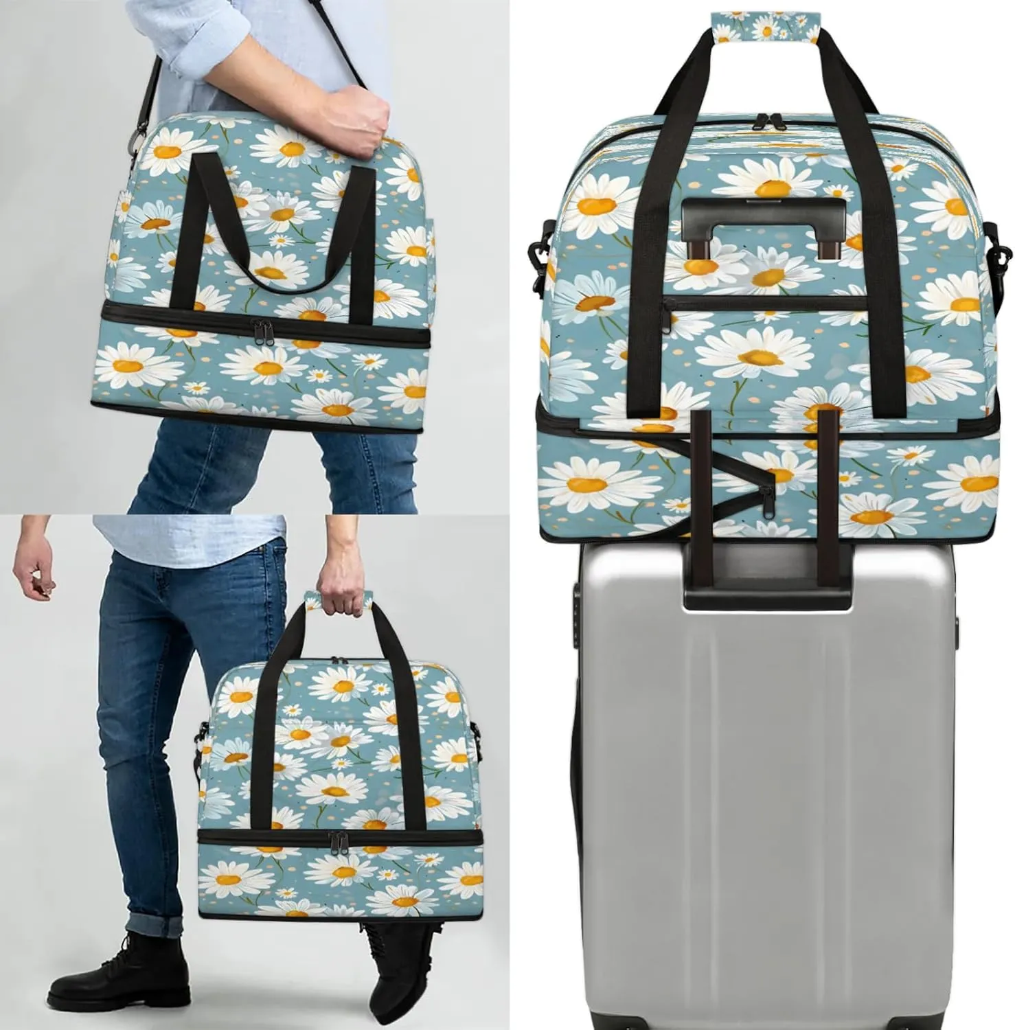 Flower Daisy Pretty Travel Duffel Bags for Women & Men Large Sports Gym Bags Foldie Weekender Overnight Bag Carry On Tote Bag With Shoe Compartment Personal Item Luggage for Travel Sports Gym