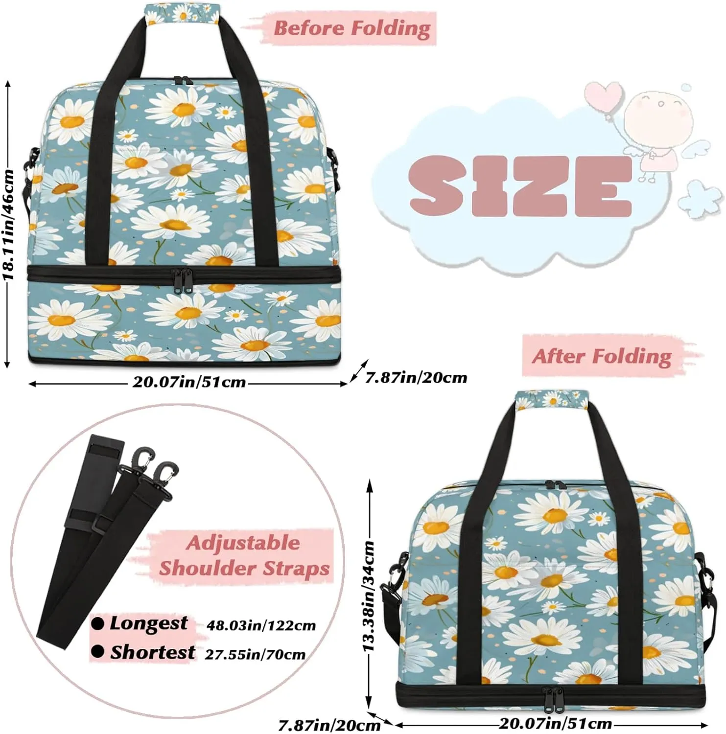 Flower Daisy Pretty Travel Duffel Bags for Women & Men Large Sports Gym Bags Foldie Weekender Overnight Bag Carry On Tote Bag With Shoe Compartment Personal Item Luggage for Travel Sports Gym