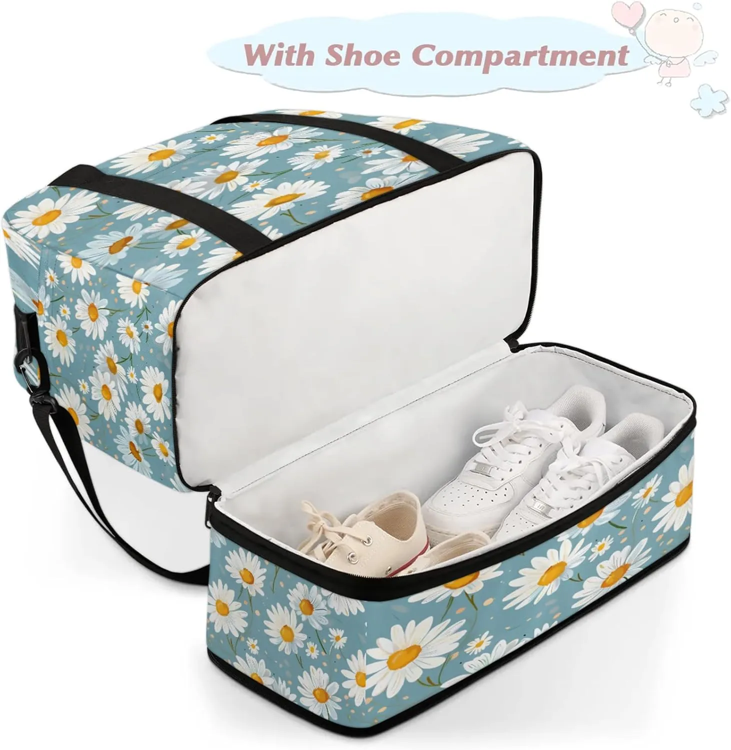 Flower Daisy Pretty Travel Duffel Bags for Women & Men Large Sports Gym Bags Foldie Weekender Overnight Bag Carry On Tote Bag With Shoe Compartment Personal Item Luggage for Travel Sports Gym