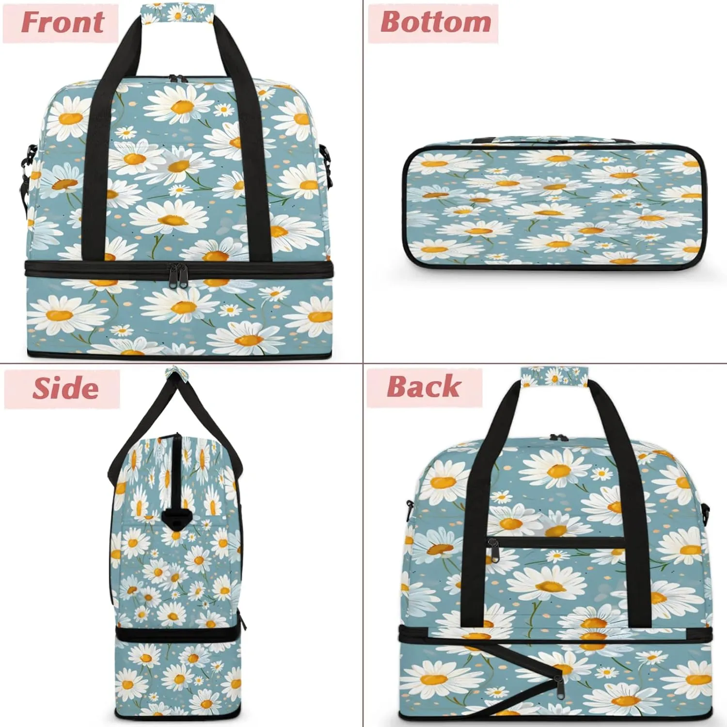Flower Daisy Pretty Travel Duffel Bags for Women & Men Large Sports Gym Bags Foldie Weekender Overnight Bag Carry On Tote Bag With Shoe Compartment Personal Item Luggage for Travel Sports Gym