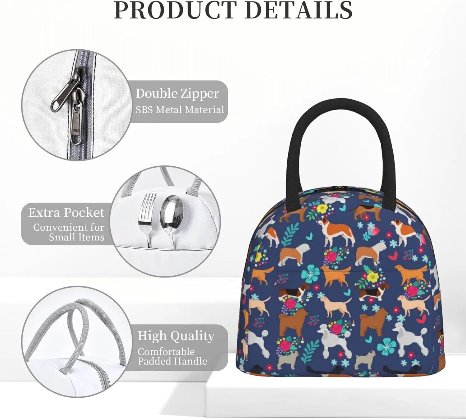 Flower Lunch Bag Box Tote Organizer Lunch Container,Ivy Back Florets Shrubs,Insulated Zipper Cooler Handbag For Women Men Home Office Outdoor Use,Blue Purple