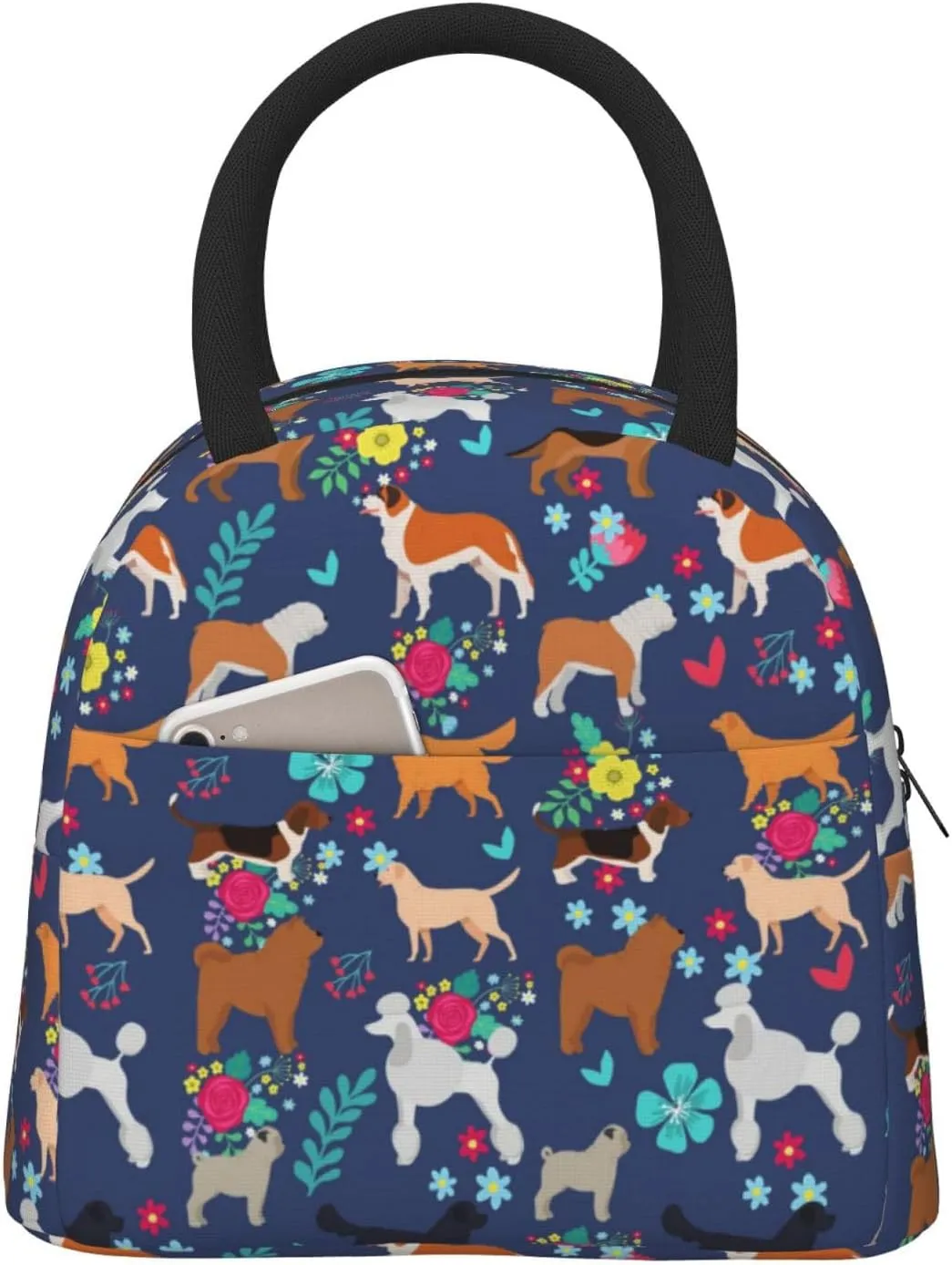 Flower Lunch Bag Box Tote Organizer Lunch Container,Ivy Back Florets Shrubs,Insulated Zipper Cooler Handbag For Women Men Home Office Outdoor Use,Blue Purple