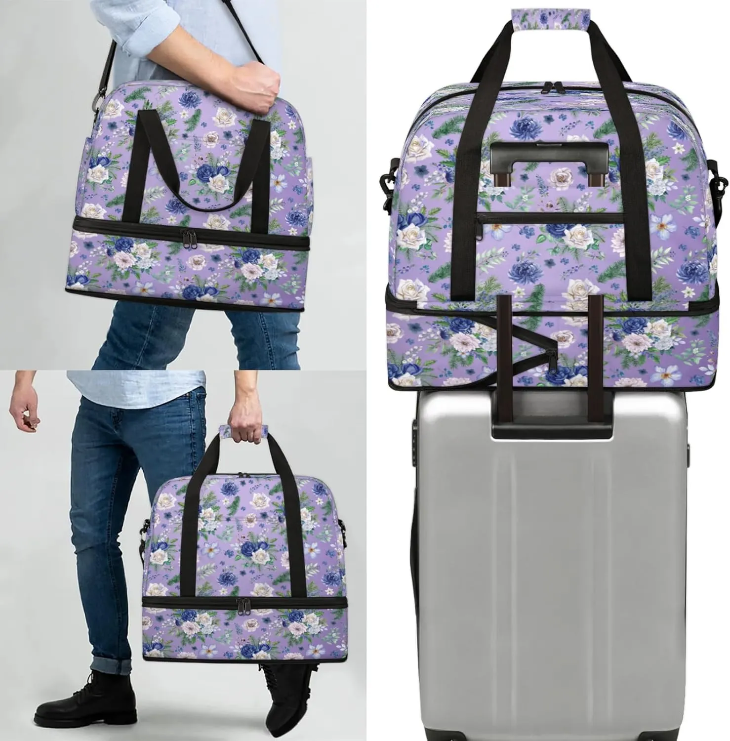 Flower Purple Beautiful Travel Duffel Bags for Women & Men Large Sports Gym Bags Foldie Weekender Overnight Bag Carry On Tote Bag With Shoe Compartment Personal Item Luggage for Travel Sports Gym