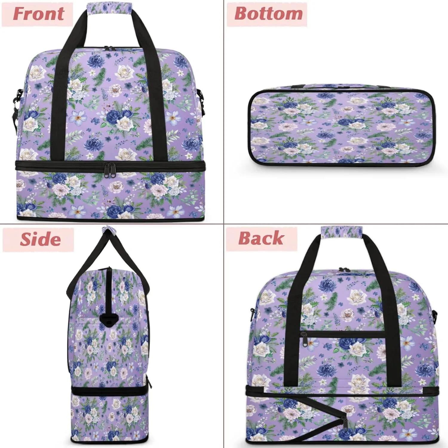 Flower Purple Beautiful Travel Duffel Bags for Women & Men Large Sports Gym Bags Foldie Weekender Overnight Bag Carry On Tote Bag With Shoe Compartment Personal Item Luggage for Travel Sports Gym