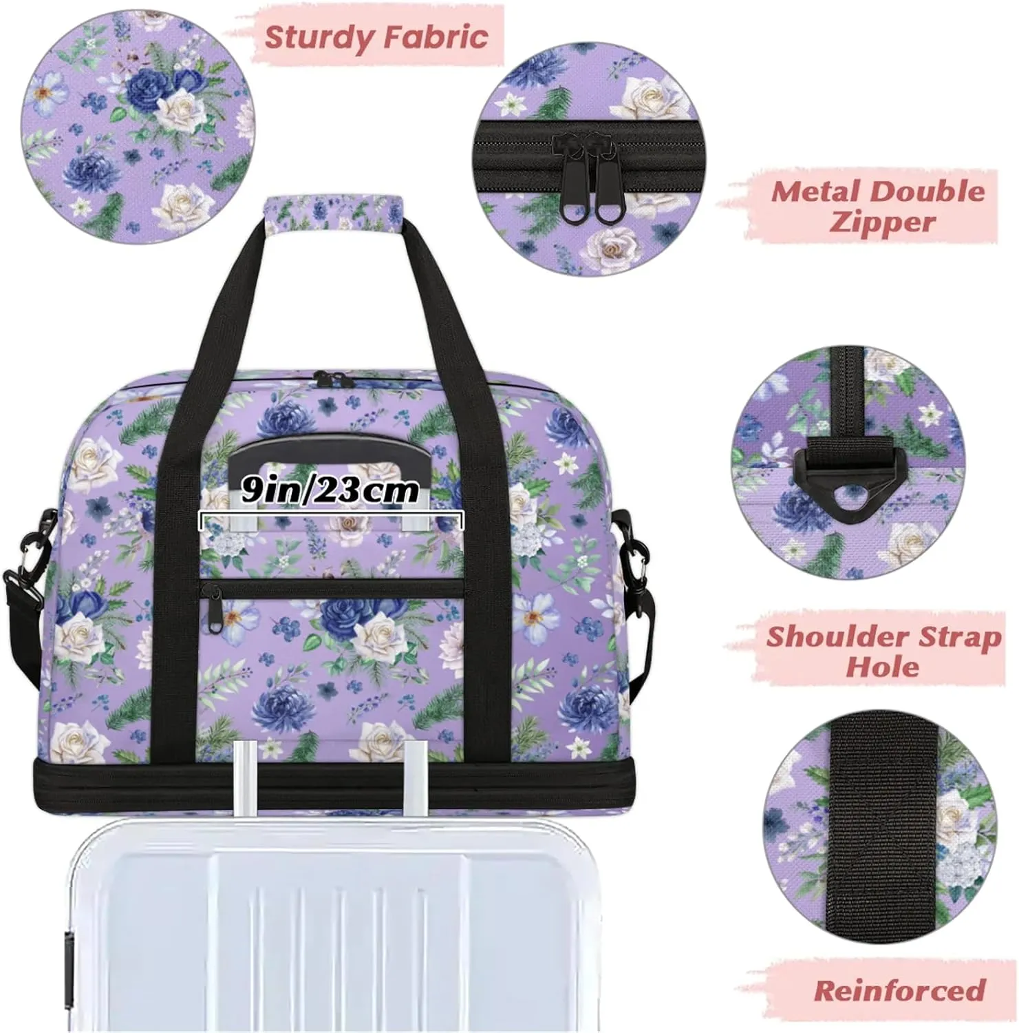 Flower Purple Beautiful Travel Duffel Bags for Women & Men Large Sports Gym Bags Foldie Weekender Overnight Bag Carry On Tote Bag With Shoe Compartment Personal Item Luggage for Travel Sports Gym