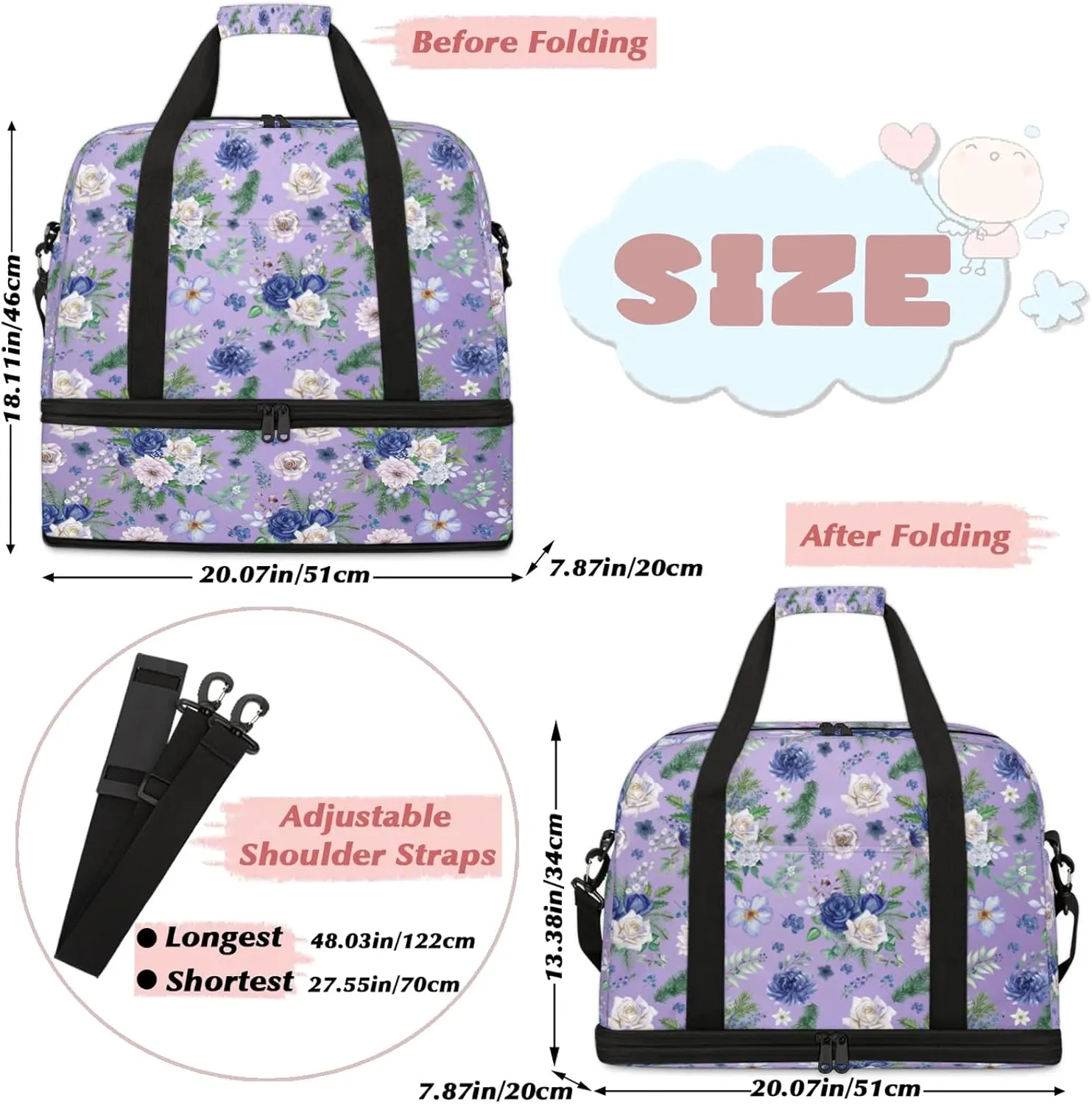 Flower Purple Beautiful Travel Duffel Bags for Women & Men Large Sports Gym Bags Foldie Weekender Overnight Bag Carry On Tote Bag With Shoe Compartment Personal Item Luggage for Travel Sports Gym