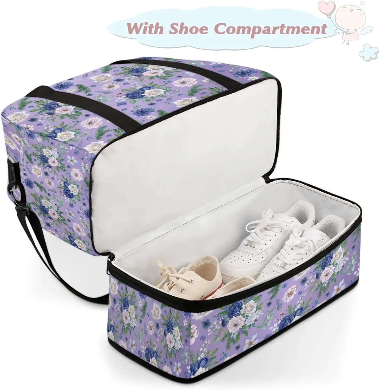 Flower Purple Beautiful Travel Duffel Bags for Women & Men Large Sports Gym Bags Foldie Weekender Overnight Bag Carry On Tote Bag With Shoe Compartment Personal Item Luggage for Travel Sports Gym