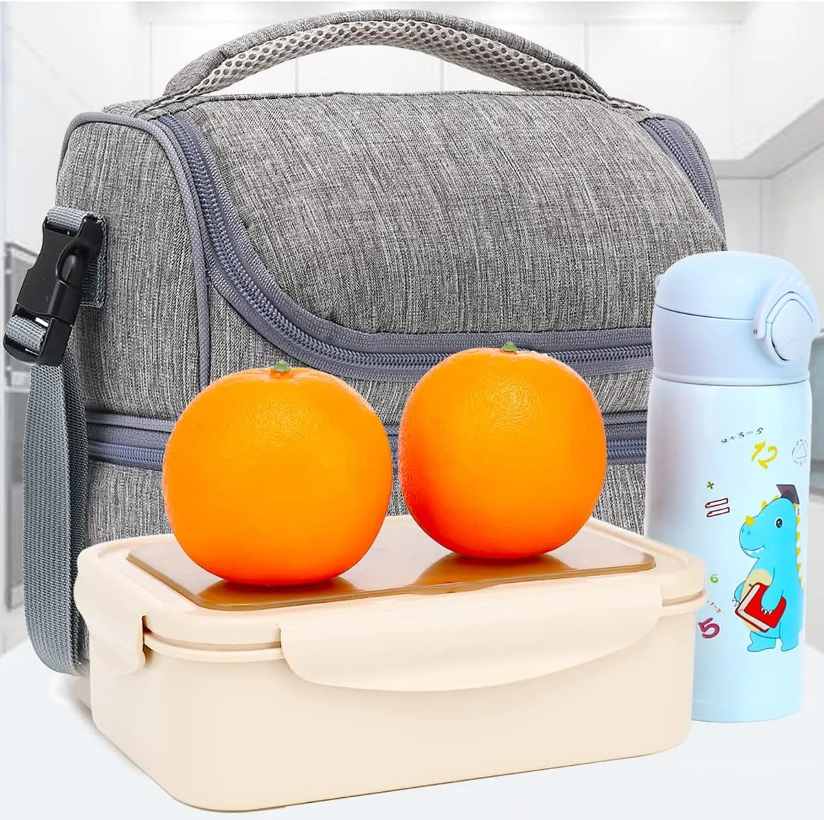 FlowFly Double Decker Cooler Insulated Lunch Bag Large Tote for Boys, Girls, Men, Women, With Adjustable Strap (Grey)