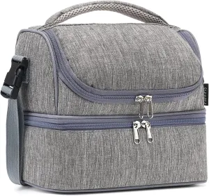 FlowFly Double Decker Cooler Insulated Lunch Bag Large Tote for Boys, Girls, Men, Women, With Adjustable Strap (Grey)
